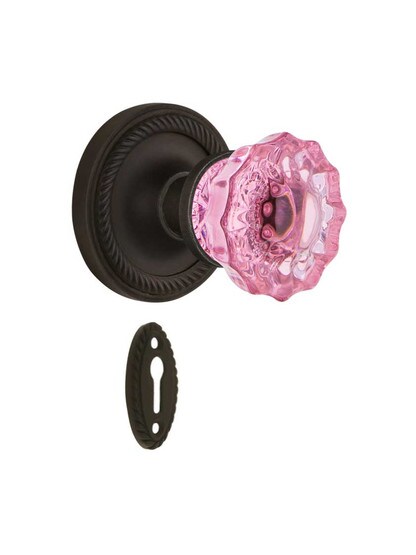 Rope Rosette Mortise Lock Set with Colored Fluted Crystal Glass Knobs Pink in Oil-Rubbed Bronze.